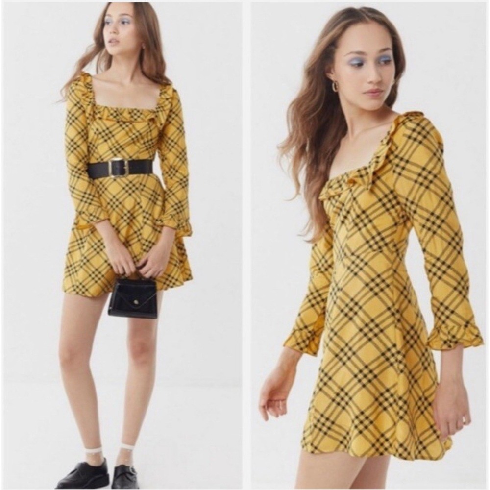 NWT‎ Urban Outfitters Yellow Black Plaid Kirsten Dress-Small-Clueless-90s-Grunge